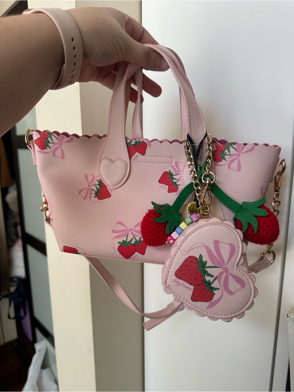 Juicy Couture Pink Strawberry Print Mini Tote with Strawberry Charm